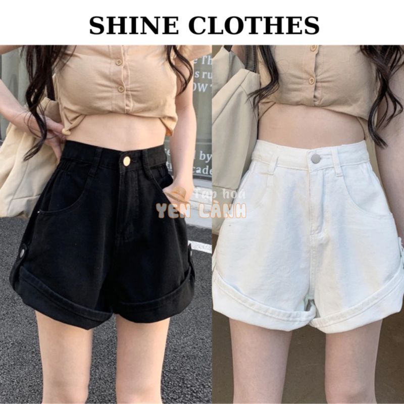 Quần short nữ ống rộng cạp cao SHINE CLOTHES chun eo , quần đùi jeans kaki có cúc xắn gấu 2 màu đen trắng