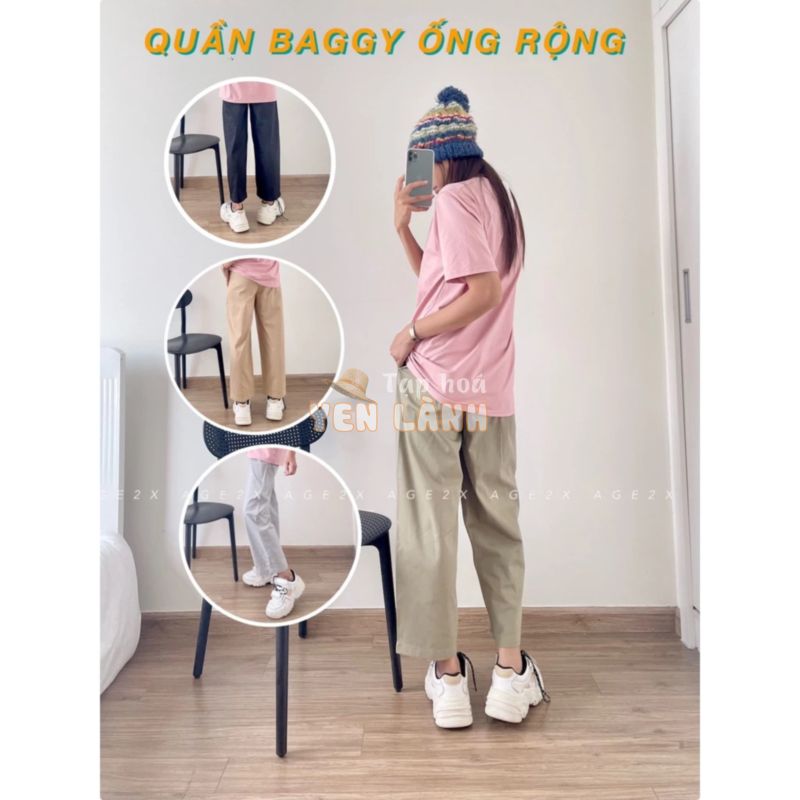 Quần Baggy kaki <nữ> Lính Amy AGE2X,  siêu dễ phối đồ, chất kaki cotton wash mềm, phối sọc bo gân co giãn tốt