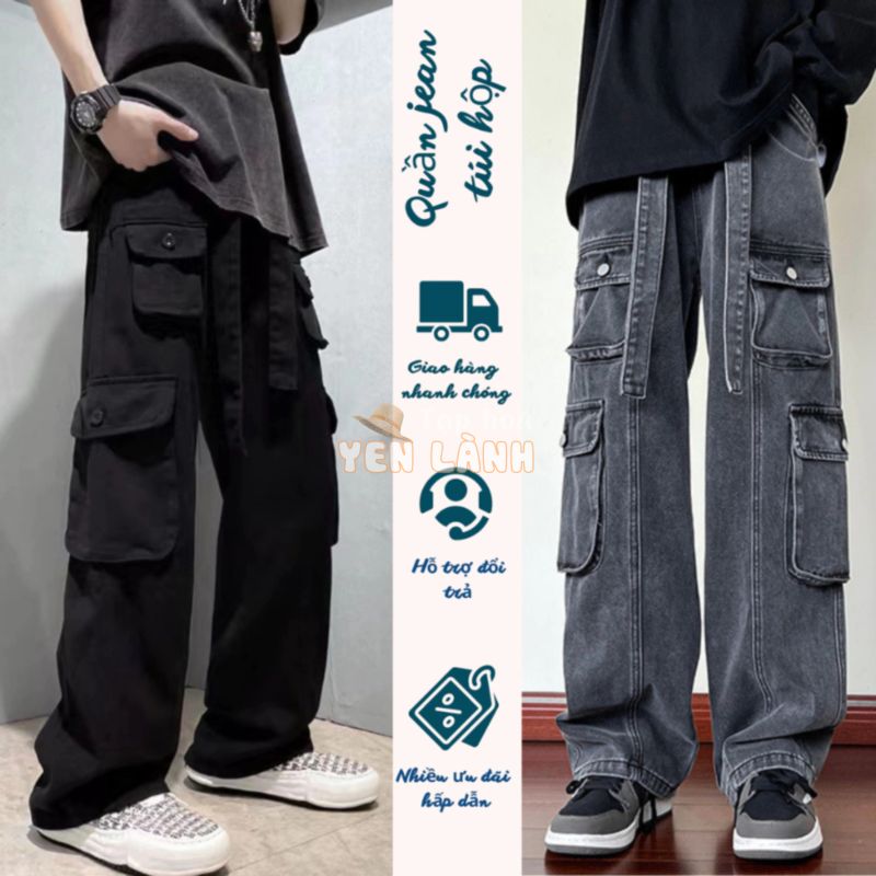 Quần jean túi hộp nam nữ ống rộng suông, Quần hộp nam kaki cargo pants unisex nhiều túi FABUMAN hiphop style boy phố