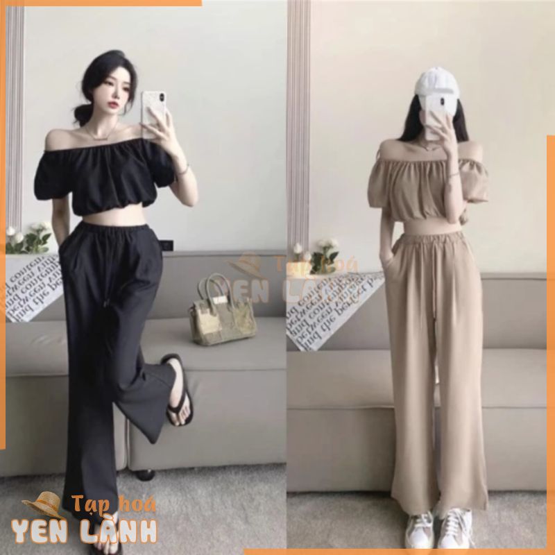 Đồ bộ nữ, set đồ bộ quần ống rộng đai cao rút dây có túi và áo croptop trễ vai tay phồng vải kaki lụa dày, đồ bộ mặc nhà