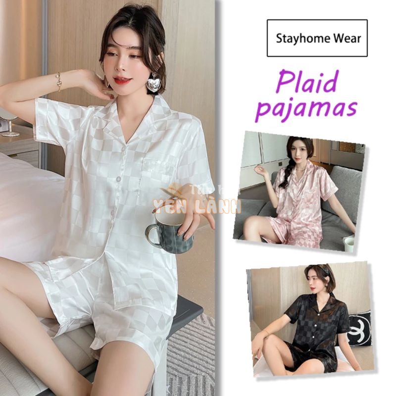 Bộ Đồ Ngủ Áo Tay Ngắn + Quần Short Vải Satin Kẻ Sọc Ca Rô Phong Cách Hàn Quốc Xinh Xắn Cho Nữ