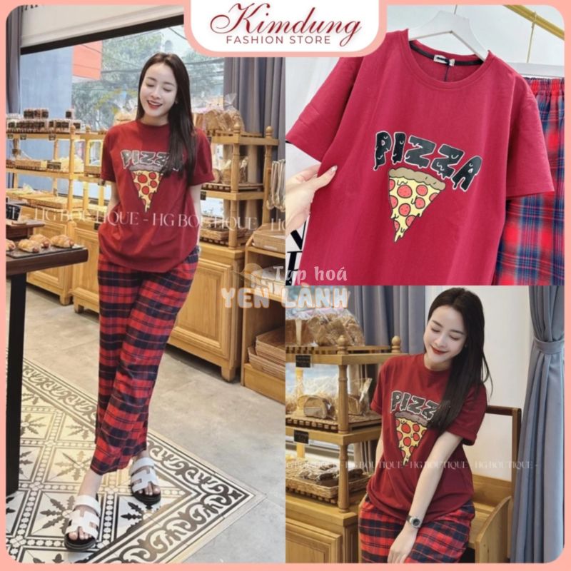 HOT Set Bộ Đồ Nữ Áo Phông Đỏ Pizza Ngắn Tay Mix Quần Kẻ Suông Hoạ Tiết Caro Freesize – Kim Dung Fashion Store