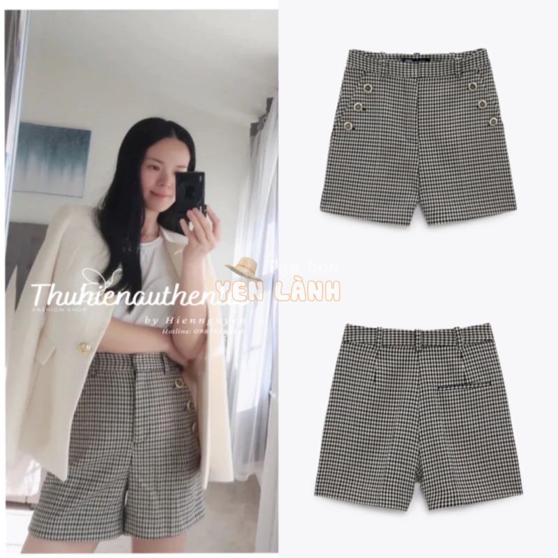 Quần short caro cao cấp 6 cúc kẻ nâu mã code: 2059/533/102 ZARA chính hãng(kèm ảnh thật)