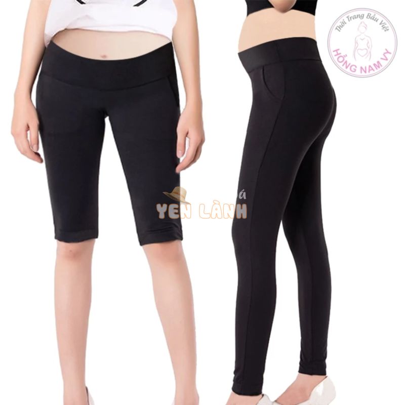 Quần legging bầu HỒNG NAM VY dáng thể thao cotton cao cấp dài, ngố có chun điều chỉnh