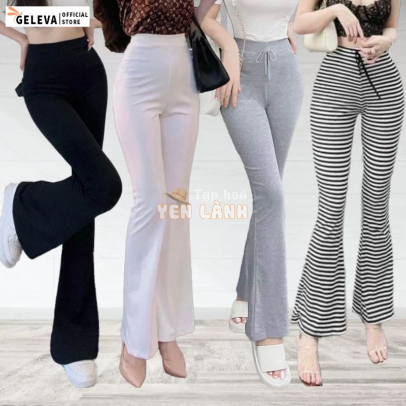 Quần ống loe nữ cạp chun lưng cao dáng legging màu đen trắng vải thun co giãn Geleva LEG429