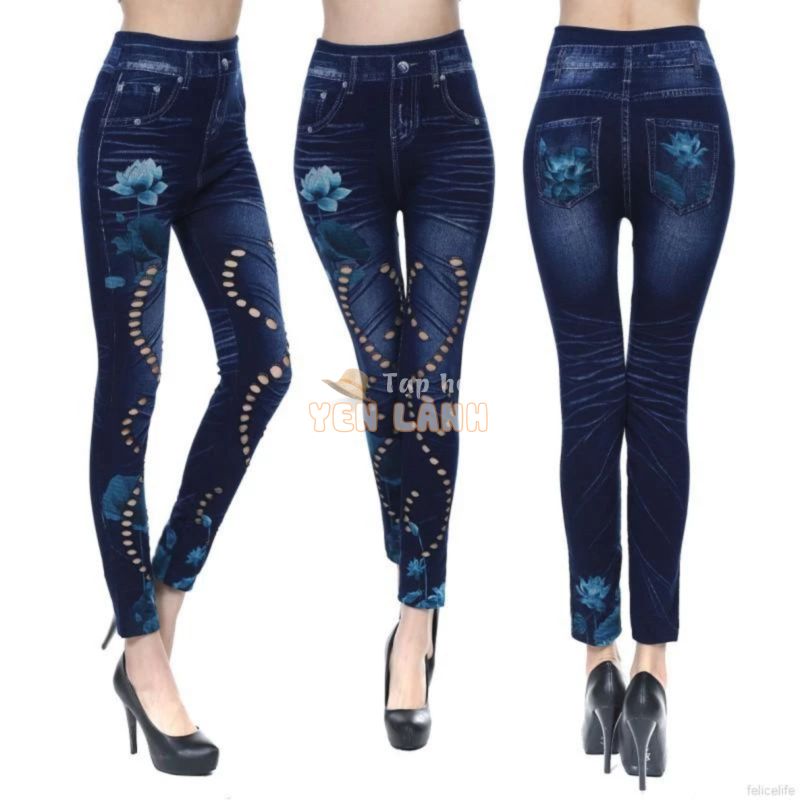 FREESHIP ĐƠN 99K_ Quần legging giả jean họa tiết rách lỗ cho nữ