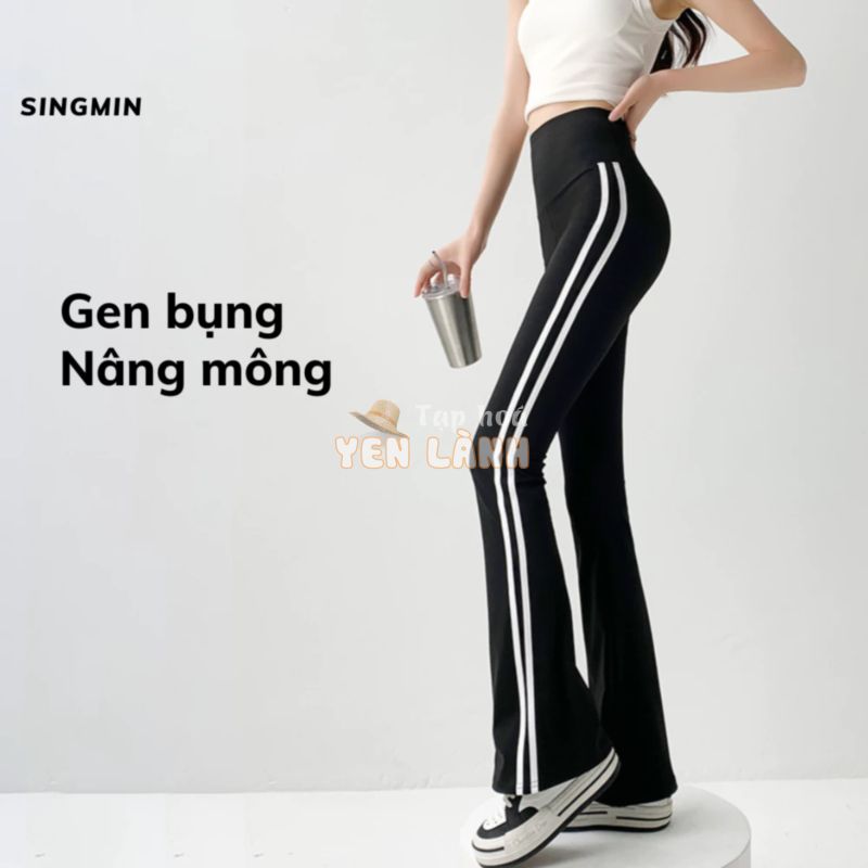 Quần ống loe sọc trắng SINGMIN gen bụng nâng mông, quần legging che khuyết điểm