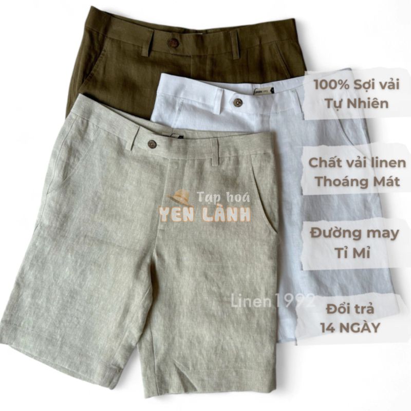 Quần short Nam Linen hai túi trước, cài khuy rộng rãi LINEN1992 – Linen 100% Màu Nâu, trắng, be