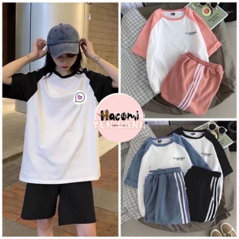 Bộ cộc unisex thể thao 3 sọc D-licheng – Set đồ quần short đùi ống rộng áo thun raglan ngắn tay lỡ nam nữ ulzzang