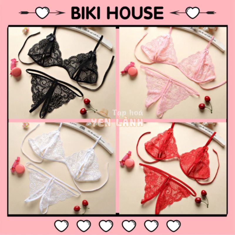 Đồ lót sexy 2 mảnh ren quần lót lọt khe xẻ đáy set bralette 4 màu đen đỏ hồng trắng nội y gợi cảm BIKI HOUSE T310 – HCM