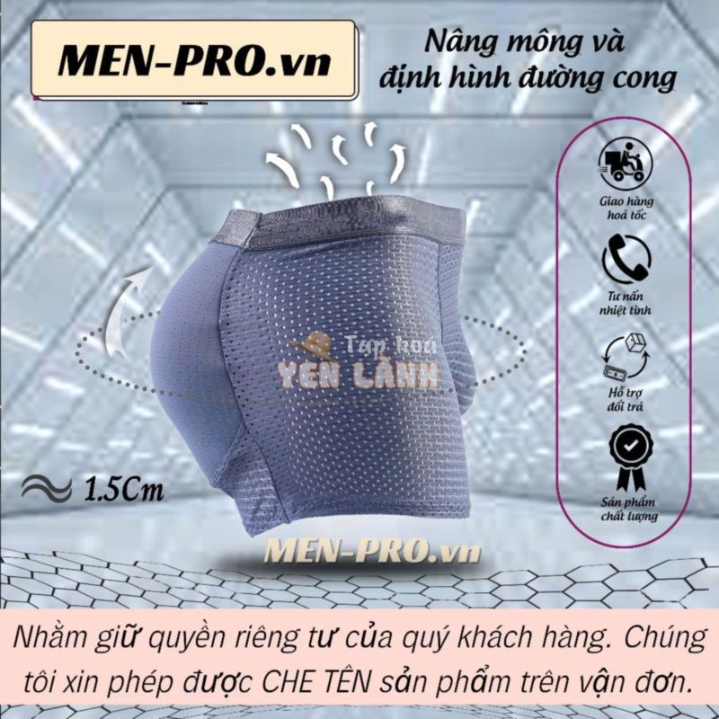 Quần độn mông nam boxer cao cấp nâng mông tự nhiên không dấu vết, quần sịp nâng mông nam, quần lót độn mông nam. Che tên