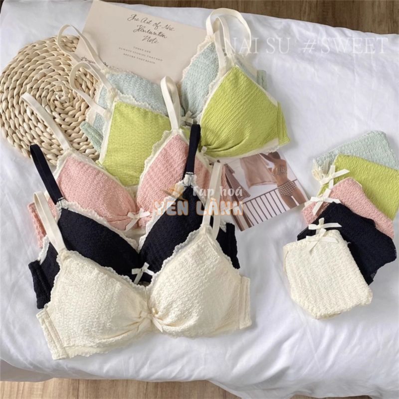 Set sexy nơ phụ nữ áo ngực ren + quần lót liền mạch thoải mái cúp mỏng cô gái thanh niên đồ lót không dây đẩy lên bralette đồ lót nữ