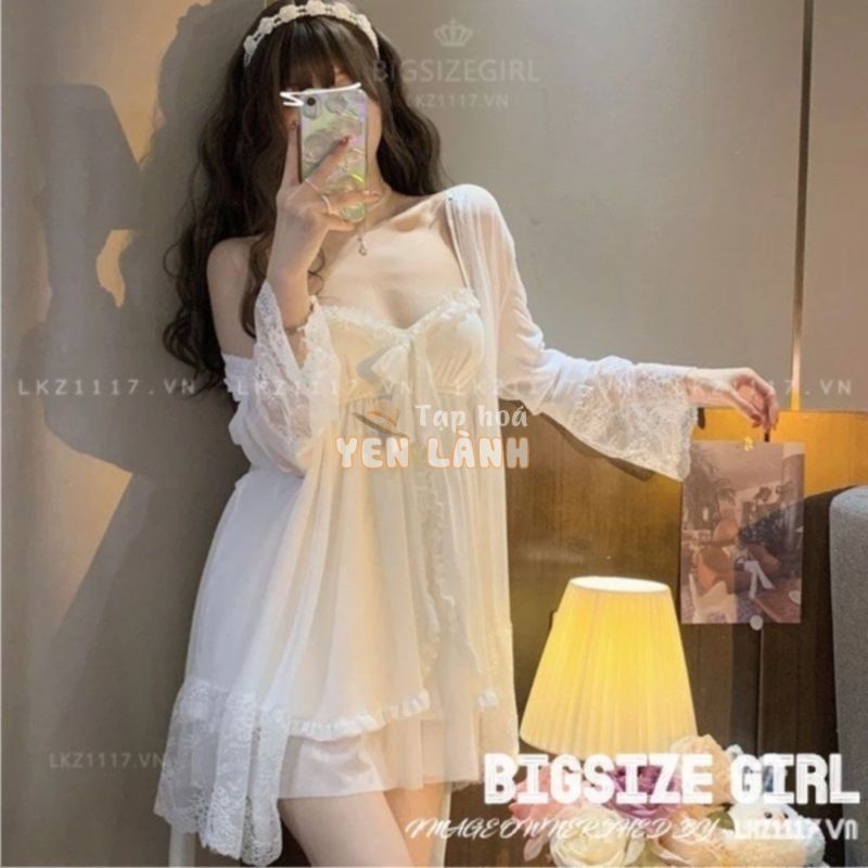 Bộ Đồ Ngủ Sexy 3 mảnh Bigsize Set váy ngủ nữ đầm ngủ tiểu thư 2 dây +áo choàng Ren +Quần lót xuyên thấu mặc nhà gợi cảm quyến rũ cho nữ