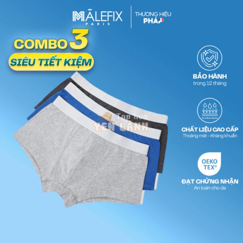 [COMBO 3 QUẦN LÓT NAM CAO CẤP] MALEFIX, dáng Trunk, Cotton thấm hút tốt, chuẩn an toàn OEKO-TEX từ Corèle Pháp – MB004