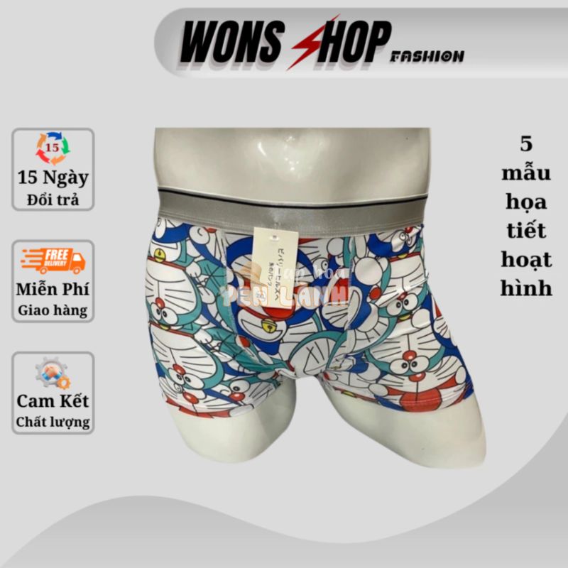 Quần lót nam THUN LẠNH hoạt hình Wons01 họa tiết doremon, shin cute dễ thương, combo 3 quần boxer nam body co dãn giá rẻ