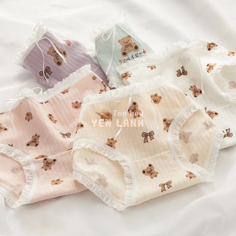 Quần Lót Nữ Cotton Tăm Viền Ren Họa Tiết Gấu Nhỏ Siêu Cute 068