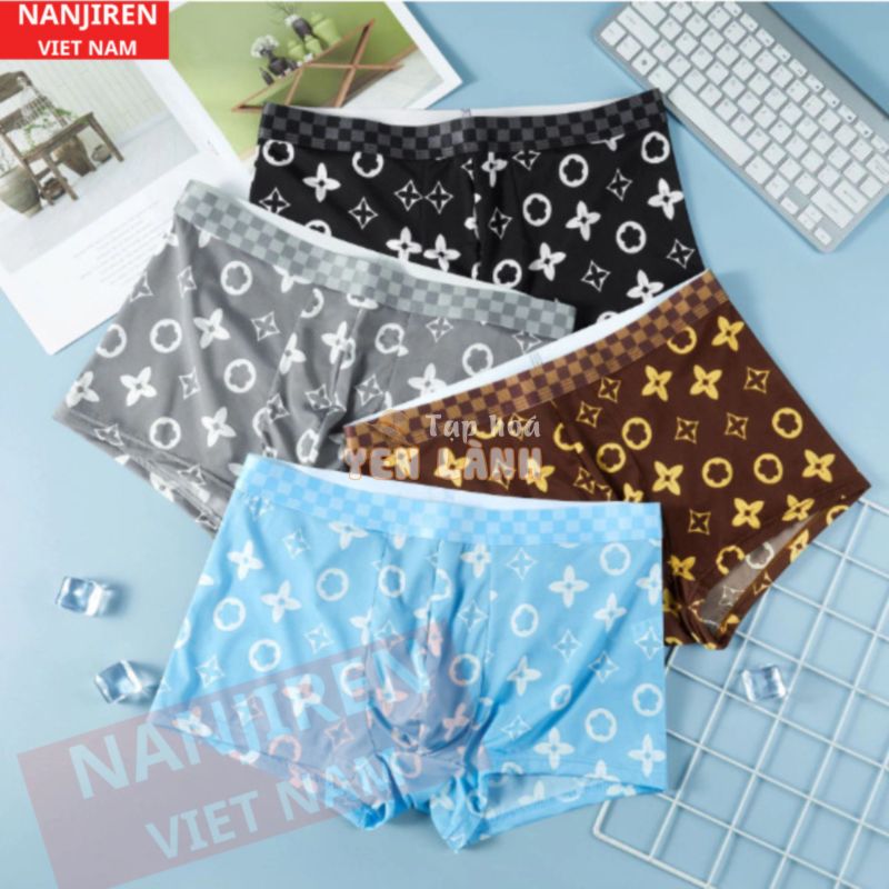 Hộp 4 Quần Sịp Boxer Nam Vải Lụa Băng Thun Lạnh Cao Cấp Chính Hãng NANJIREN Họa tiết Louis Vuitton (Có che tên sản phẩm)