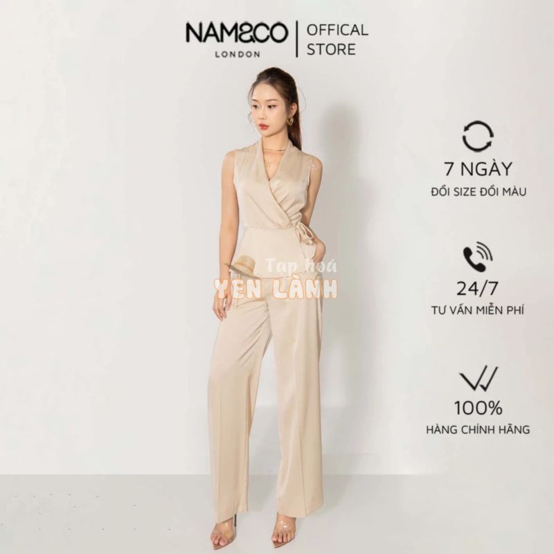 Quần vải nữ ống suông Namandco cạp cao có dây buộc, lưng chun sau, vải mềm mại trắng beige NT0176