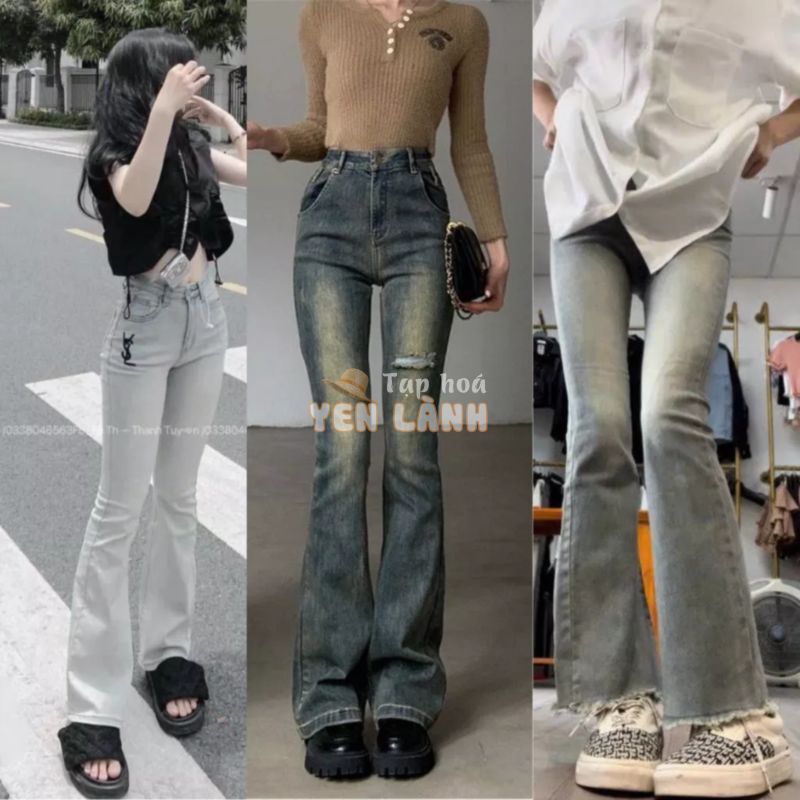 Quần jean nữ ống loe quần bò co giãn  lưng cao thêu logo  hách dáng cực đẹp hot trend 2023 Domi Jean