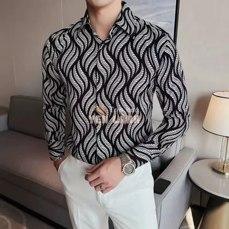 Áo Sơ Mi Hoa Nam Dài Tay M-3XL Puffian Đẹp Trai Cao Cấp Thời Trang Mùa Thu Áo Sơ Mi Nam Slim-fit Thường Ngày Màu Đen Mặc Bên Trong Inch Quần Áo