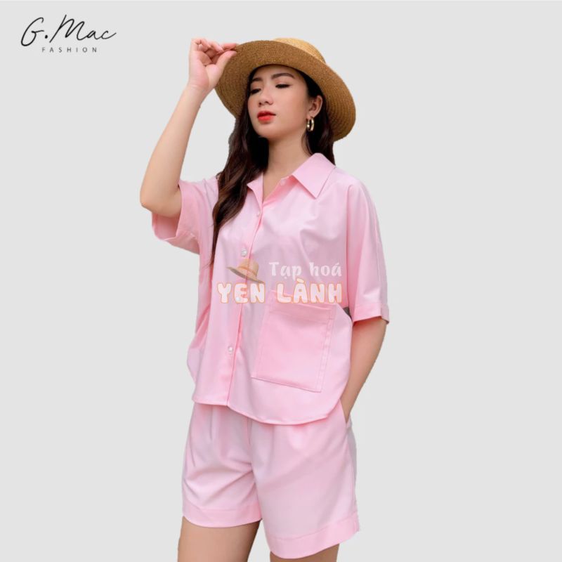 Set bộ đồ nữ mùa hè áo sơ mi, quần short, chất cotton mềm, màu trơn dễ thương G.MAC