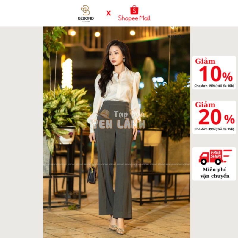 BEBOND – SET ÁO SƠ MI LỤA TRẮNG TAY BỒNG ZENA VINTAGE – QUẦN DÀI CÔNG SỞ ỐNG SUÔNG MÀU GHI HILDA