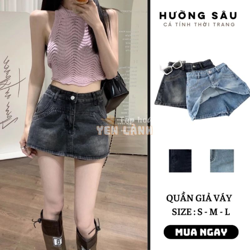 Quần giả váy jean/ Chân váy bò nữ Màu Xanh – Khói cạp cao tôn dáng Hường Sâu