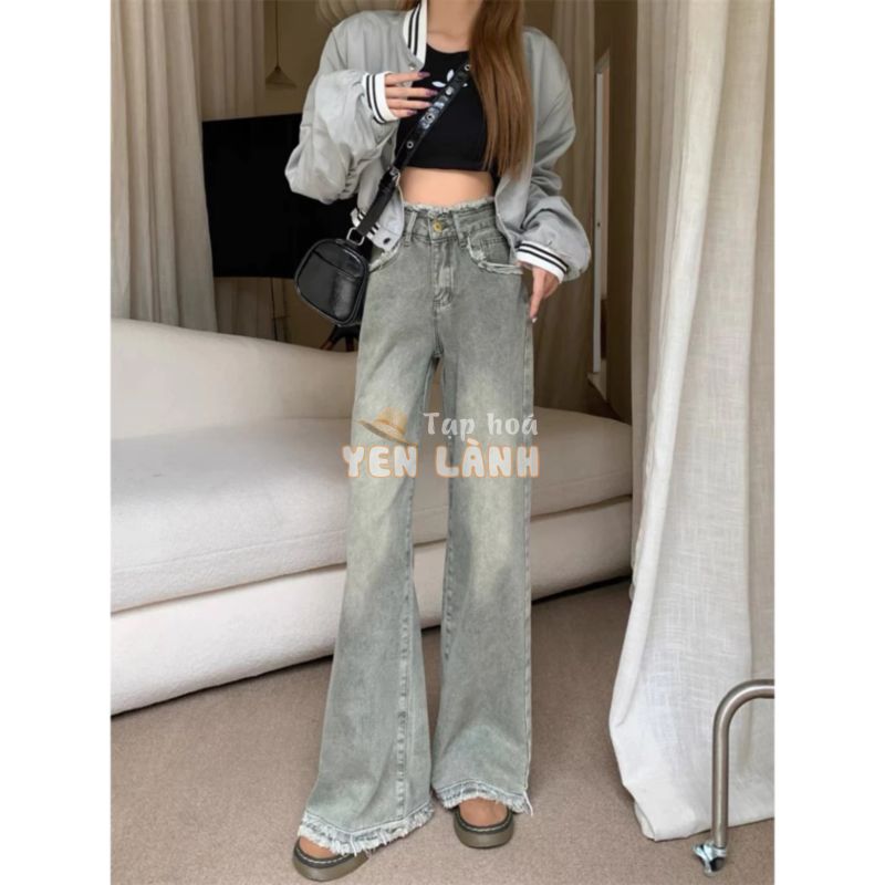 Quần bò ống suông,q uần jeans ống suông màu xám khói tua rua 2 tầng mix đồ siêu xinh Ms 46