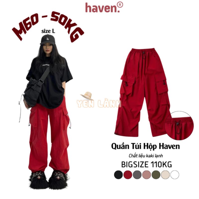 Quần túi hộp ống rộng nữ Haven kaki cotton, dây rút jogger bigsize, màu đỏ, đen, trắng, xám, be