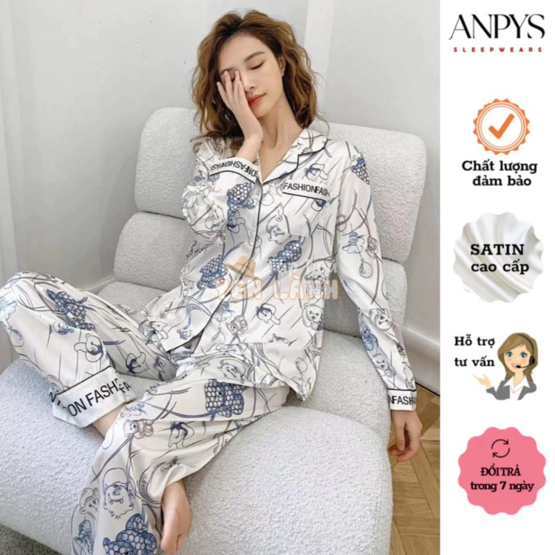 Bộ đồ ngủ mặc nhà pijama nữ Phạm Ngọc Ánh chất liệu lụa cao cấp màu trắng, xanh dài tay thời trang