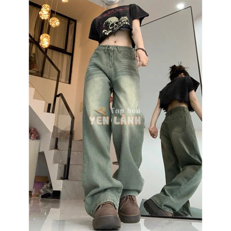 Quần jeans ống suông dáng rộng xanh rêu , Quần bò ống rộng dáng suông lưng cao màu xanh rêu siêu chất D29