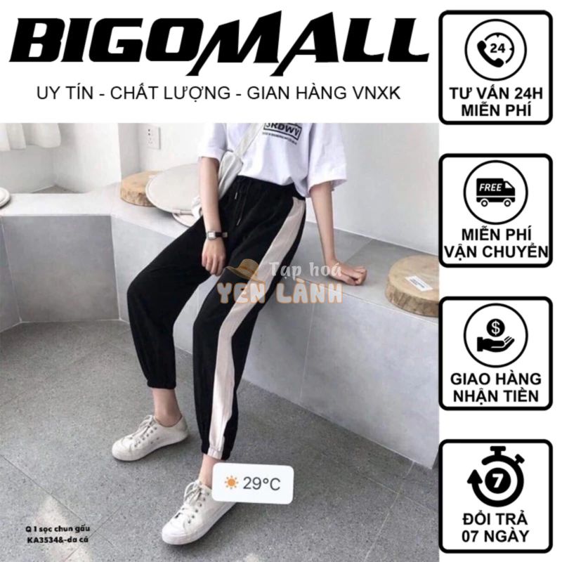 Quần thun nữ một sọc chun gấu BIGOMALL – Quần baggy nữ một sọc bo gấu Basic phong cách ulzzang hàn quốc