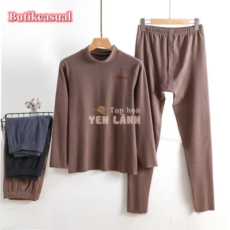 Hàng sẵn có dành cho nam De Rong Bộ đồ lót giữ nhiệt Bộ áo mùa thu đông Plain Loose Casual Lounge mặc Bộ đồ ngủ Bộ áo thun cổ cao + quần Legging lưng cao