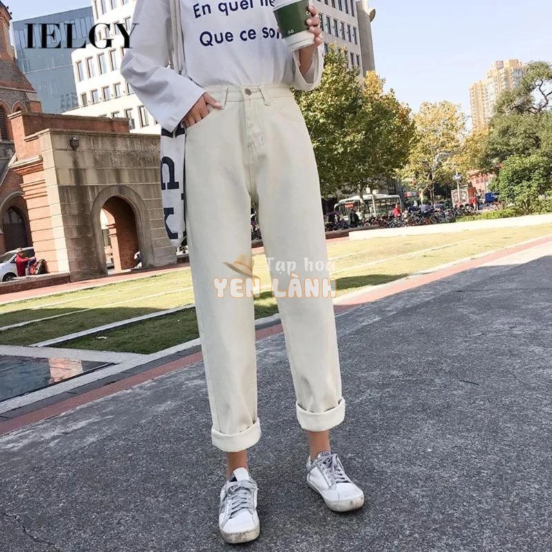 IELGY Quần denim off white Lưng Cao Phong Cách Hàn Quốc Cho Nữ