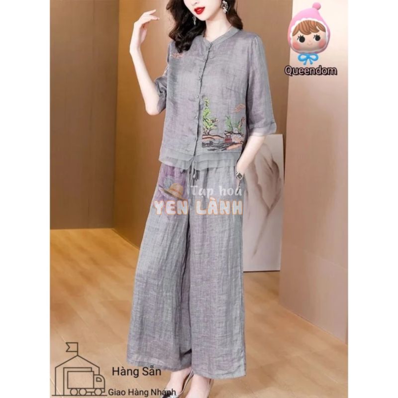 M-3XL Bộ Đồ Cotton Và Vải Lanh Tencel Quần Ống Rộng Kiểu Tây Trẻ Trung Phong Cách Dân Tộc Quý Bà Mẫu Mới Cho Nữ Bộ Hai Chiếc