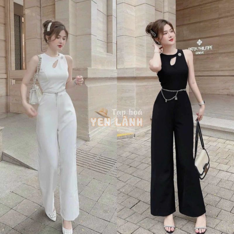 Jumpsuit Nữ kiểu dáng nhẹ nhàng tiểu thư sang trọng áo thun gân, quần ống rộng hợp đi chơi, đi tiệc