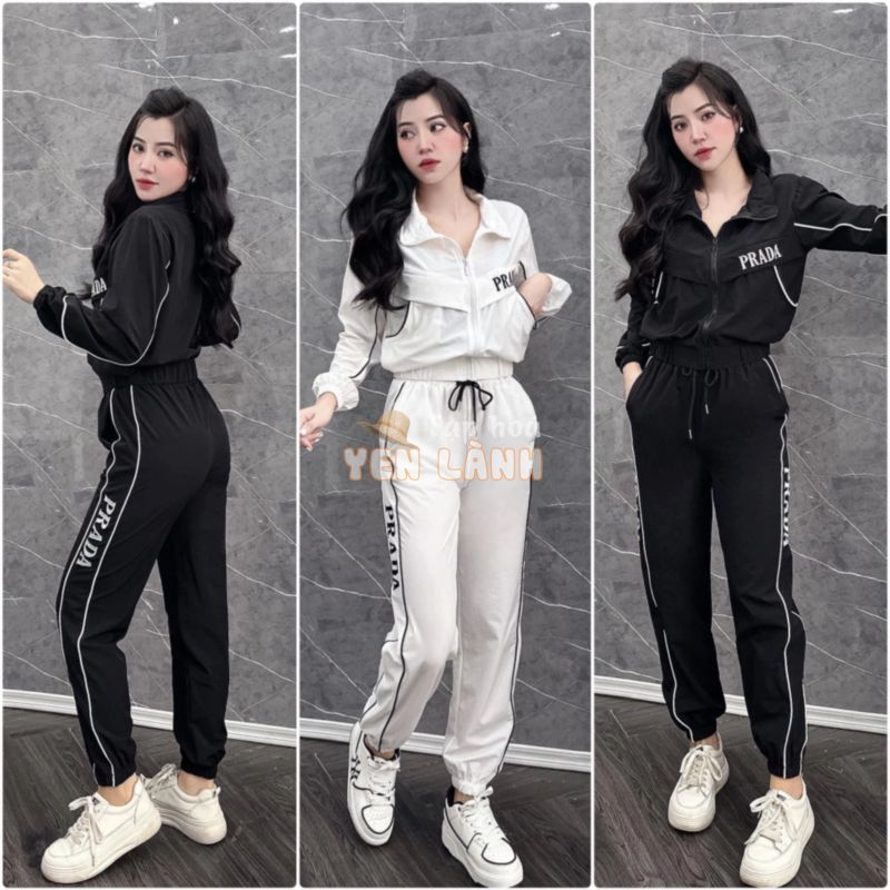 Set Bộ Đồ Nữ Áo Khoác Thêu Prada Khóa Kéo Phối Viền Mix Quần Suông Ống Rộng Bo Gấu Freesize S859