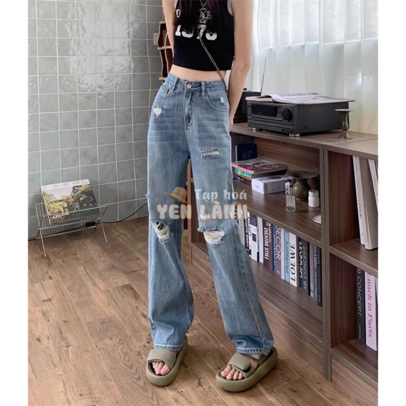 Quần Jeans Nữ Rách Gối Cạp Cao Ống Rộng Màu Xanh Phong Cách Đường Phố