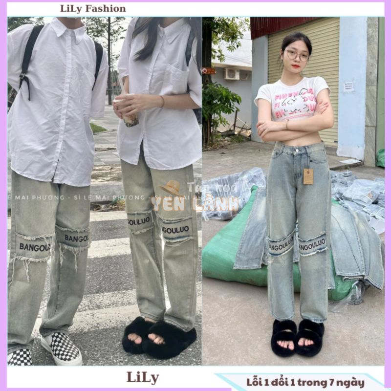 Quần bò jeans ống suông đi học NAM NỮ phối thêu chữ đầu gối, quần bò ống rộng màu lạ cực chất thời trang tuổi teen