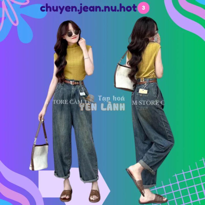 Quần jean bò baggy xuông suông nữ cạp cao quần jean ông đứng phong cách Hàn Quốc sành điệu style 2024