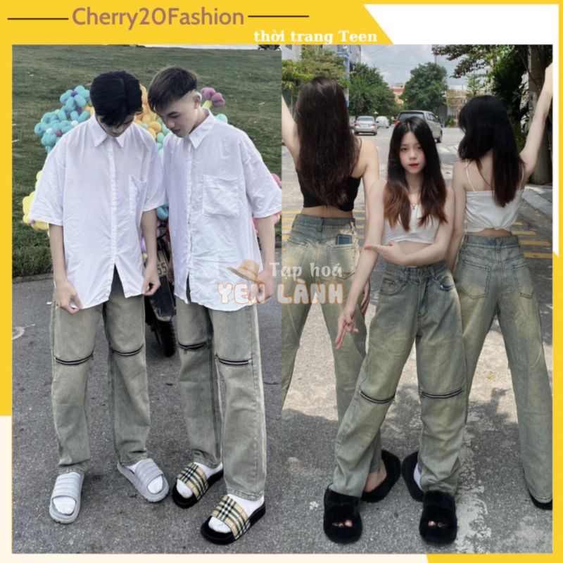 Quần bò jeans ống rộng màu xanh bụi có khóa kéo cực chất, quần bò ống suông form unisex mặc nhóm, đi học quá chất