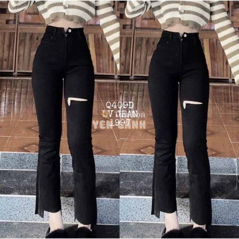 Quần jeans loe giãn gấu cắt kiểu  rách đùi đủ 3 màu