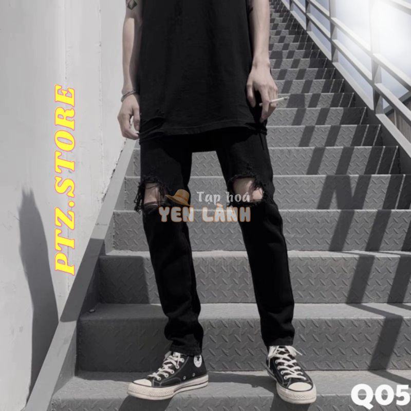 Quần jean nam boy phố rách gối to màu đen trơn chất bò cao cấp co dãn 4 đẹp rin trơn form dáng skinny Qj05