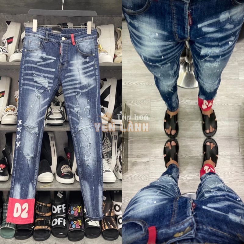 Quần jean bò nam Dsq2 biker slimfit xanh rách vảy sơn in chữ mông ống đỏ D2 1964 nhăn 3D 4 cúc QJ339P