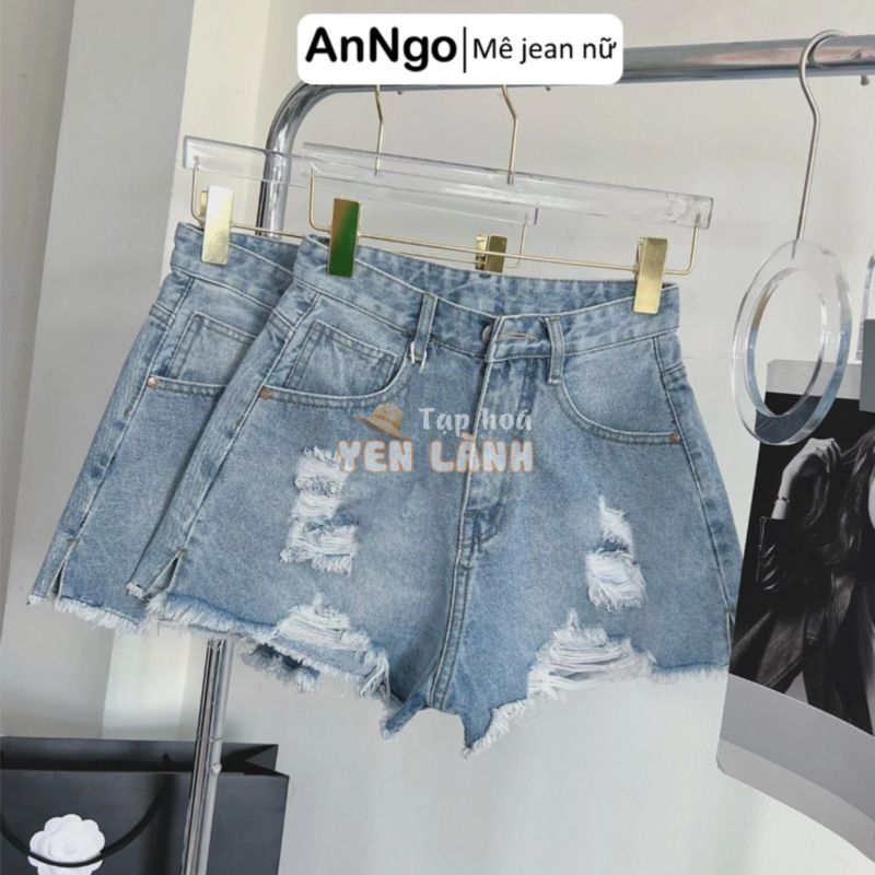 Quần short jean nữ lưng cao phối rách denim cotton không co giãn, rin ngắn phối rách AnNgo – AT87