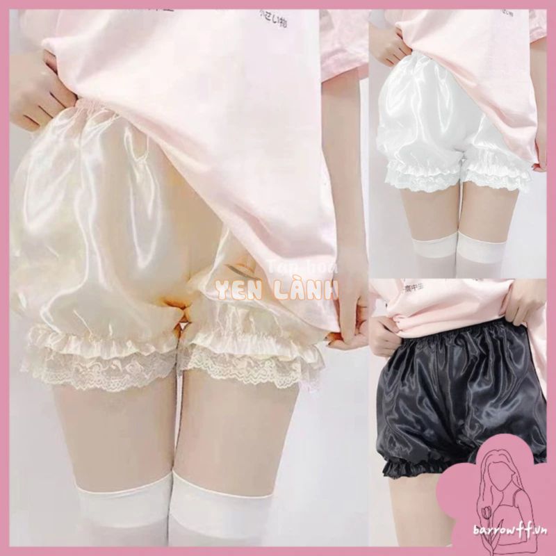 Quần ống rộng kiểu quả bí ngô chất vải lụa satin bóng viền bèo ren phong cách lolita thời trang cho nữ