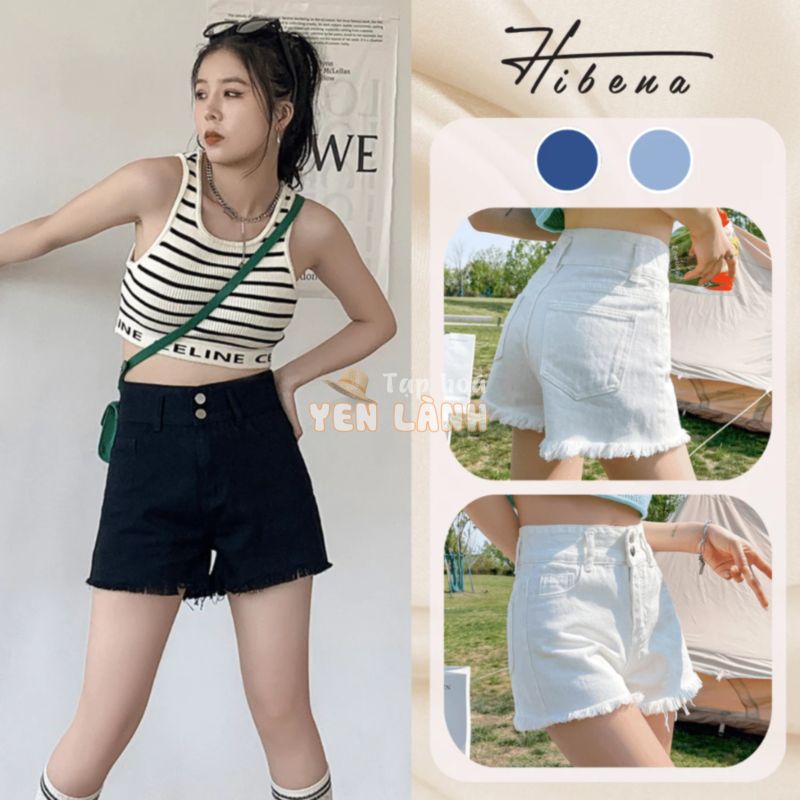 Quần short jean nữ ngắn cạp cao sooc bò đùi ống rộng tua rua gấu đi chơi đi biển S02