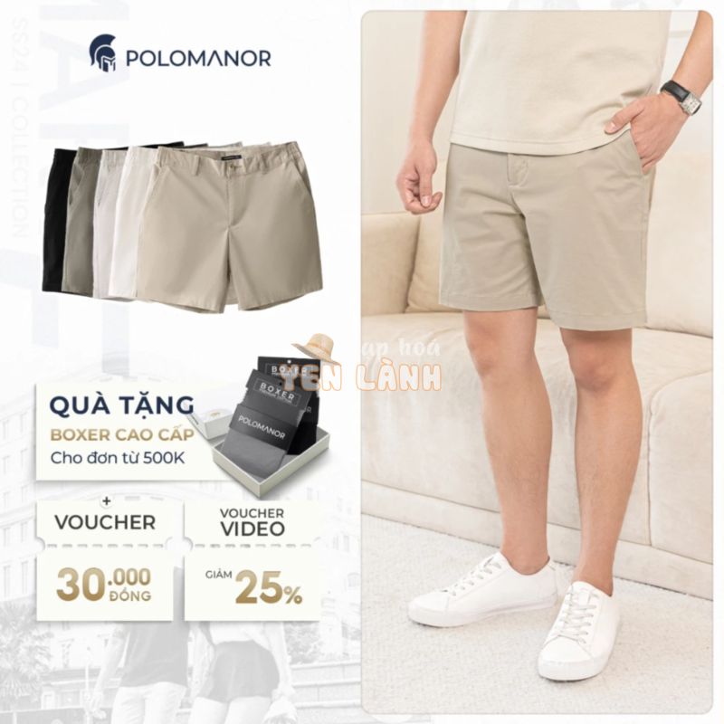 Quần short nam ngắn POLOMANOR vải kaki xuất xịn, lưng đai thun, co giãn 2 chiều, chuẩn form