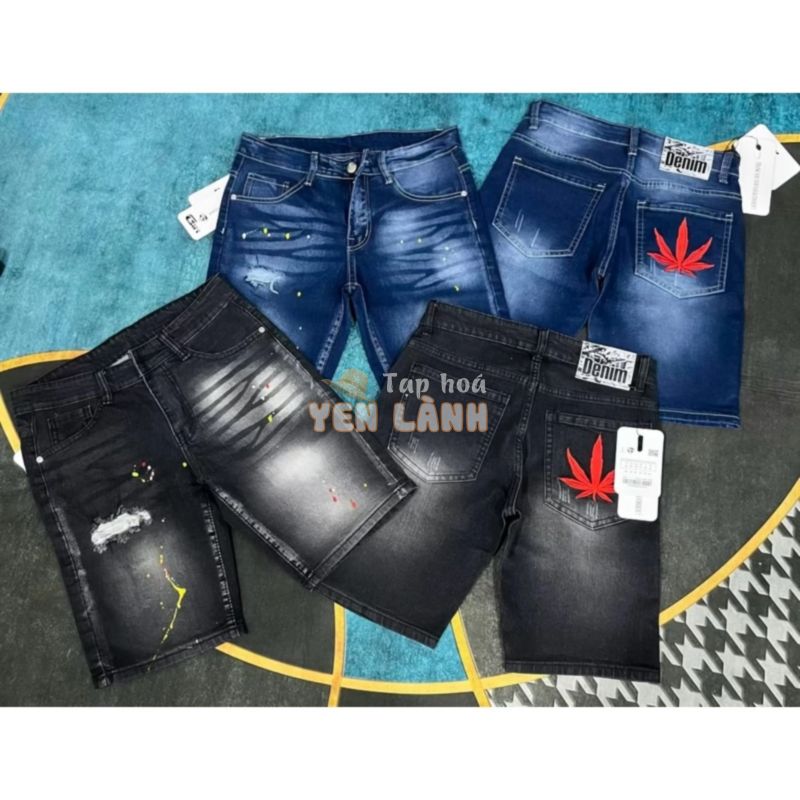 Quần short jeans nam mẫu rách hai màu den trắng thêu lá phong đỏ chất denim dày dặn co dãn NHUNHI FASHION