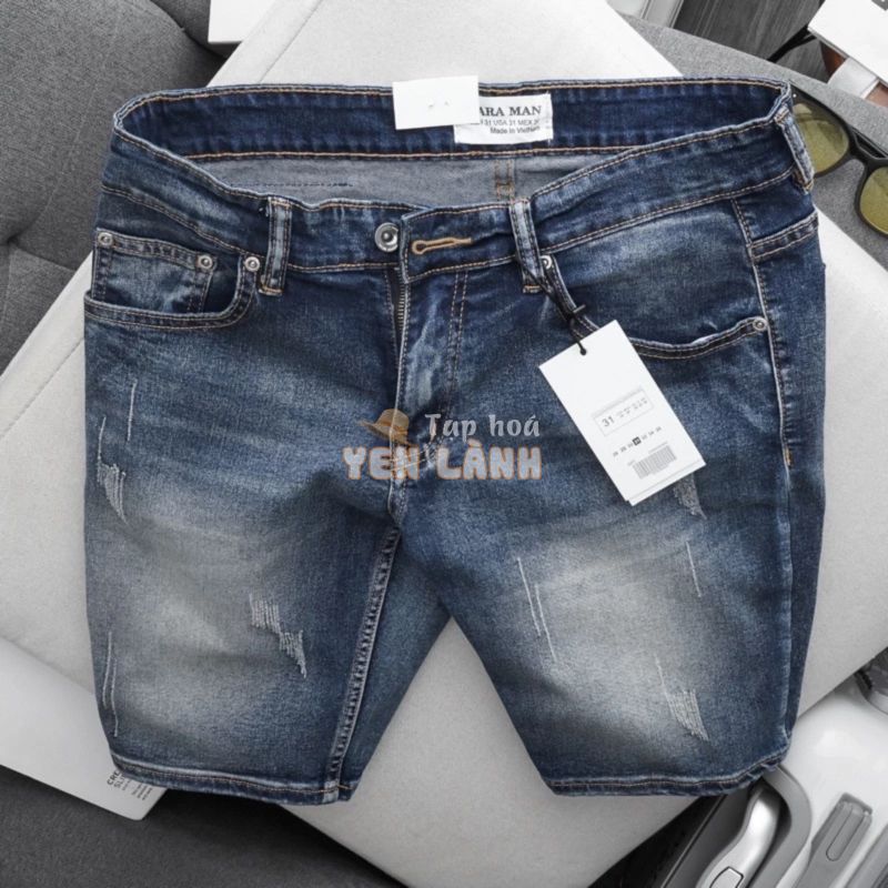 Quần short jean nam xanh rêu hàng xuất khẩu xịn chất bò giãn ống ôm suông nhẹ